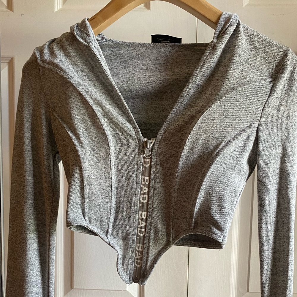 Bad Society Club Gray Corset Crop Hoodie with Long Sleeves💫